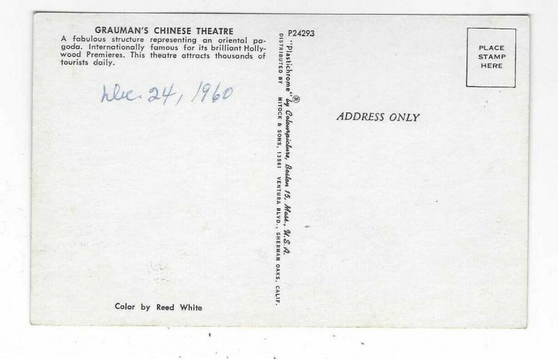 1960 postcard, Grauman's Chinese Theatre, Hollywood, California