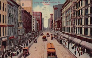 CHICAGO IL~STATE STREET FROM VAN BUREN-TROLLEY-HORSE WAGON-STOREFRONTS~POSTCARD