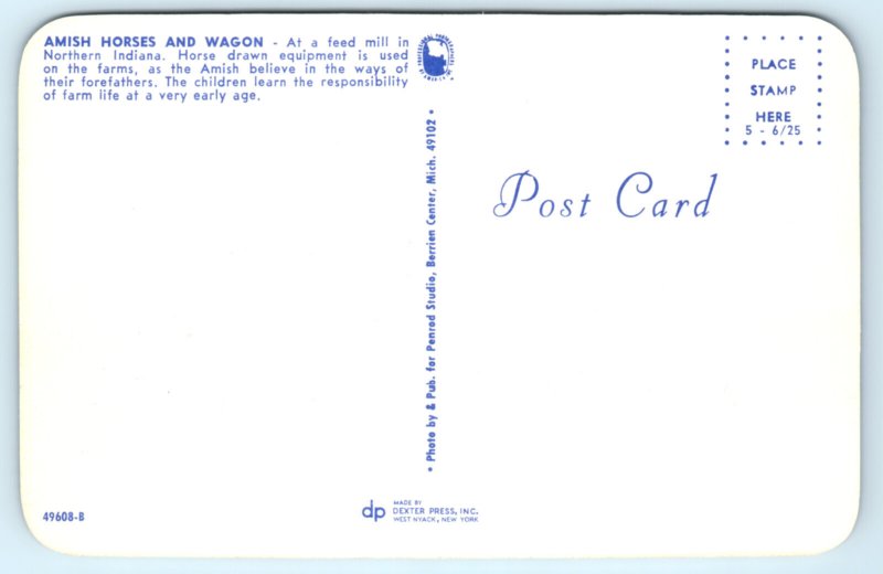 Indiana IN Feed Mill Boy Wagon Horses Amish Postcard