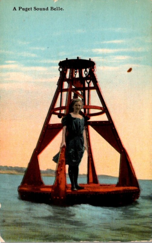 Washington A Puget Sound Belle Beautiful Girl Standing On Buoy