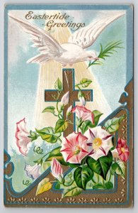 Easter Greetings Beautiful Cross Dove Flowers 1910 Spencer IL Postcard L22