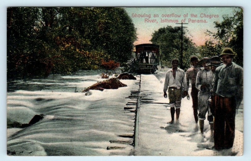 PANAMA ~ RAILROAD TRAIN Fording Flooded CHAGRES RIVER c1910s Postcard