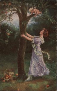 K. Barth Fantasy Beautiful Woman Chases Fairy in Tree c1910 Vintage Postcard