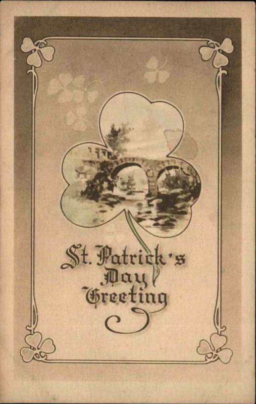 St Patrick's Day Bridge Irish Scene Ireland Clover Border Vintage Postcard