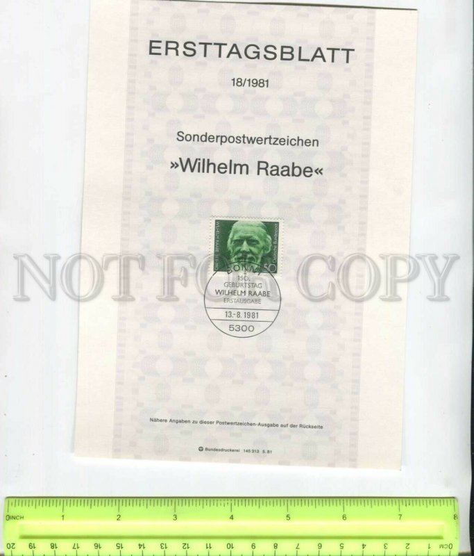 467791 Germany 1981 year first day sheet Wilhelm Raabe