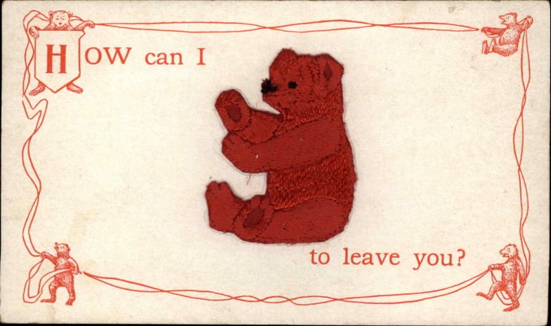 Embroidered Silk Teddy Bear in Red c1905 Novelty Postcard