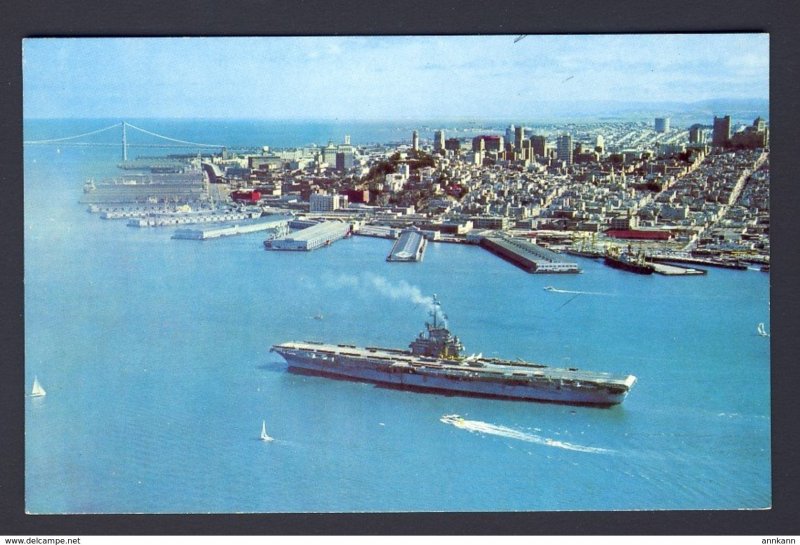 Flat Top battle ship - San Francisco California USA pier wharf city view