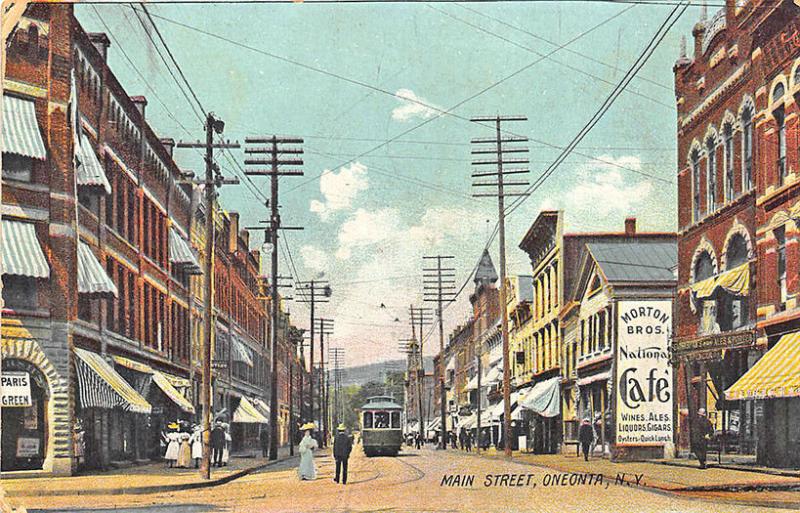 Oneonta NY Main Street Business District Trolley Signage Postcard