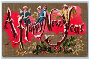 New Year Postcard Angles Cherubs Horseshoe Clover Mistletoe Berries Embossed