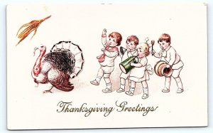 THANKSGIVING Embossed Greeting w/ TURKEY, Musical CHILDREN  c1910s  Postcard