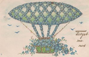 Airship Hot Air Balloon Forget Me Not Glitter Old Postcard