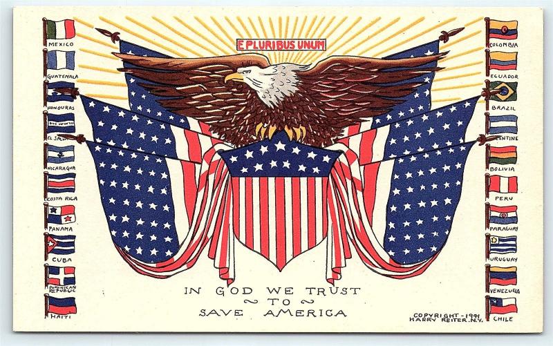 Postcard Patriotic US Flag Eagle Flags of South and Central America F04