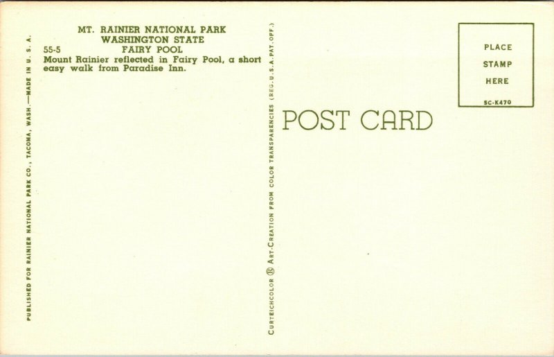 Vtg 1950s Fairy Pool Mt Rainier National Park Washington WA Unused Postcard