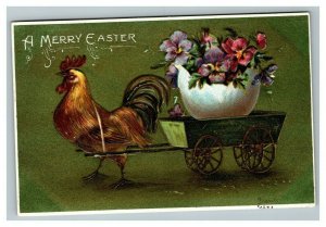 Vintage 1908 Fantasy Easter Postcard Rooster Tows Giant Egg & Flowers Green Face