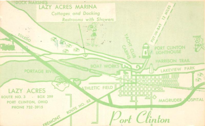 D55/ Port Clinton Ohio Postcard 1976 Lazy Acres Marina Map Boat Works Lighthouse