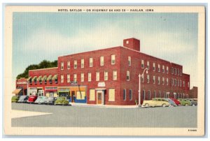 c1940 Exterior View Hotel Saylor Building Classic Cars Park Harlan Iowa Postcard