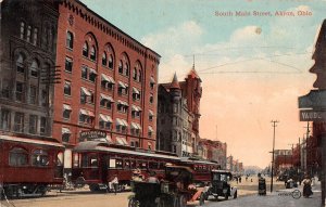 Akron Ohio S. Main St., Street Car Shown, Color Lithograph Vintage PC U7974