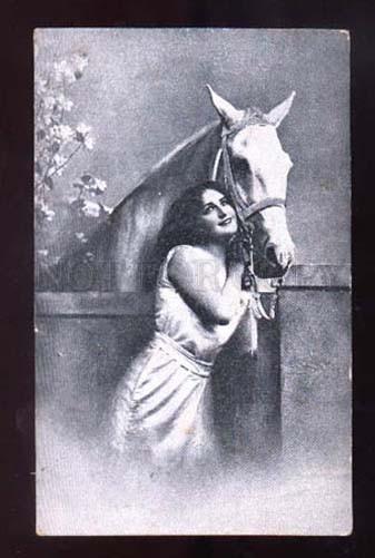 001389 BELLE Lady Long Hair w/ White HORSE vintage Russian PC