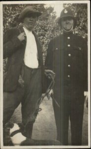 Costumes? Police Officer & Hobo w/ Dog on Leash c1915 Real Photo Postcard