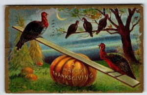 Thanksgiving Day Greetings Postcard Turkeys Haunted Crescent Moon See-Saw 1910
