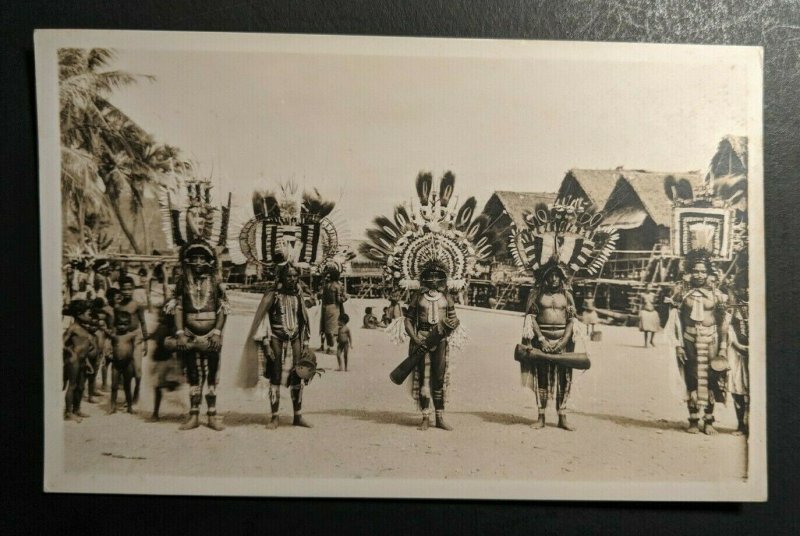 Mint Vintage Natives with Head Dress Port Moresby Papua New Guinea RPPC