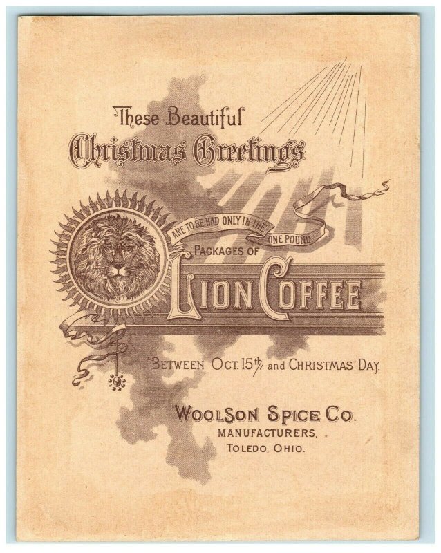 1880s-90s Christmas Lion Coffee Woolson Spice Co. Children Hanging Stockings *D 