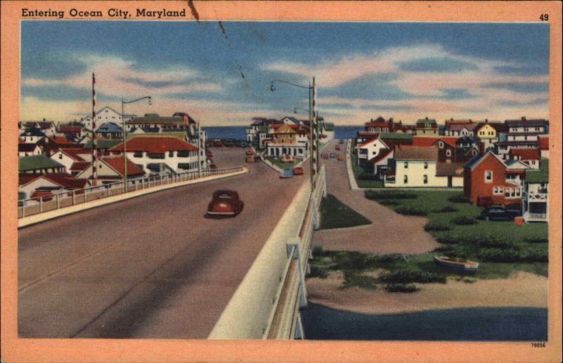 Ocean City Maryland MD Street Scene Colorful Linen Vintage Postcard