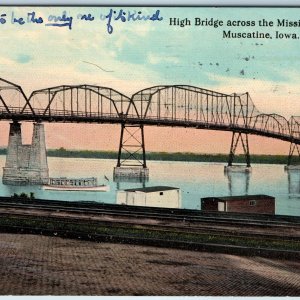 c1910s Muscatine IA High Bridge Mississippi River Railway Train Tracks Boat A216