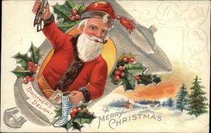 Santa Claus Puts Ice Skates in Stocking Christmas Seal 1909 Vintage Postcard