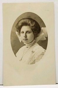 RPPC Pretty Victorian Woman Lovely Clothing Large Bow Plymouth Wis Postcard H13