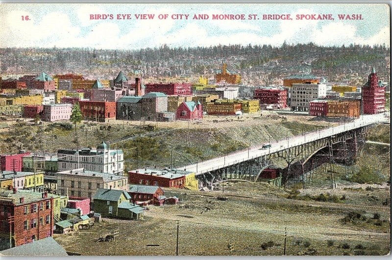 C.1910 Bird's Eye View, Monroe St. Bridge, Spokane, Wash. Postcard P133 