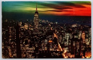 1957 New York City Looking South By Night Cityscapes Skyscrapers Posted Postcard