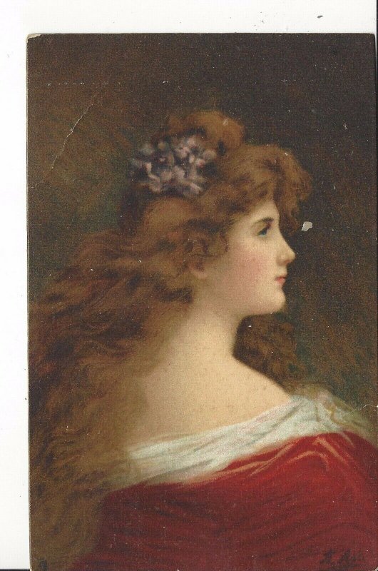 POSTCARD PRETTY WOMEN RED DRESS BEAUTIFUL HAIR TUCK ASTI SERIES 1906