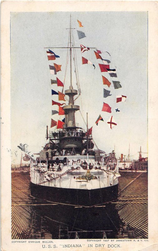 USS Indiana Dry Dock US Navy Battleship 1909 Jamestown Exposition postcard