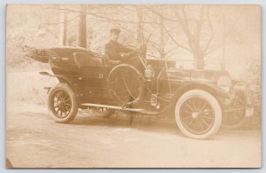 RPPC Chauffeur Drives Packard? Cadillac? Luxury Touring Car~Acetylene Side Lamps