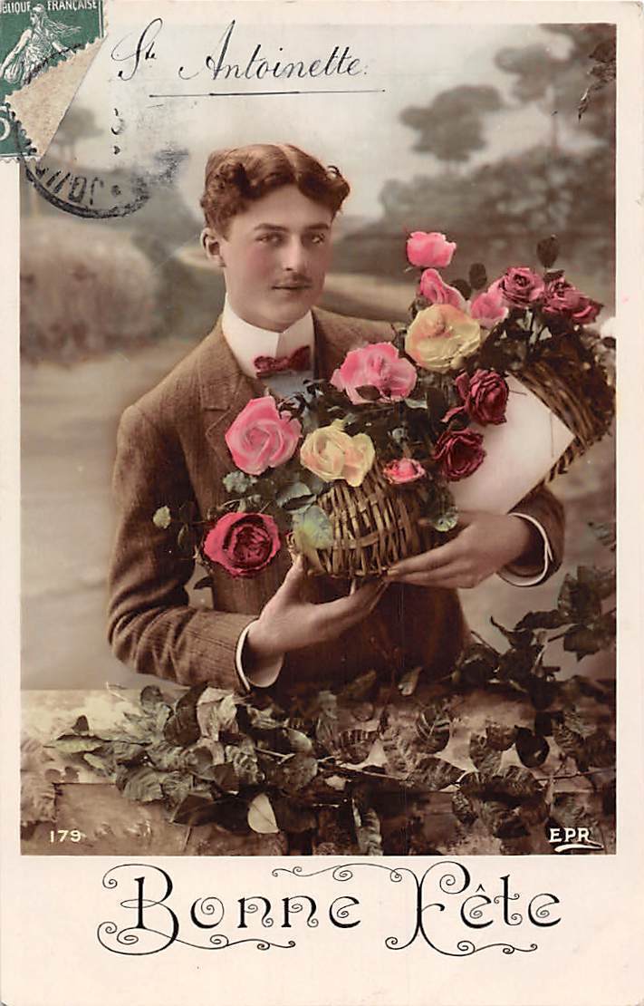 Bonne Fete Happy Birthday Roses Basket Elegant Homme Man Hippostcard