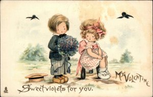 Tuck Valentine Children Little Boy and Girl with Violets c1910 Vintage Postcard