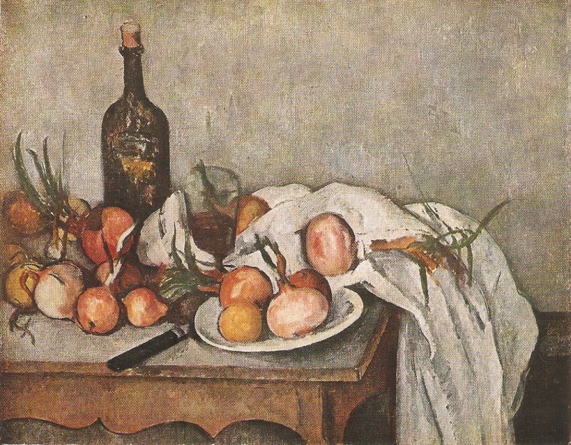 Onions and Bottle, by Paul Cezanne Modern fine art, painting, French Postcard