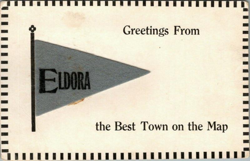 Eldora Missouri~Greetings From The Best Town on the Map c1910 Gray Felt Pennant 