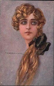 T. Corbella Beautiful Woman with Ribbon in Hair c1910 Vintage Postcard