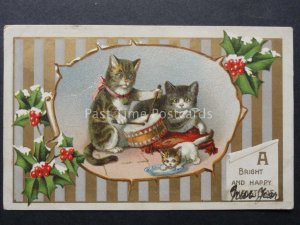 Greetings: A BRIGHT & HAPPY CHRISTMAS, Kittens playing / Holly c1910