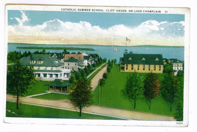 Hawkeye to Yonkers, New York 1933 Postcard, Catholic School, Lake Champlain