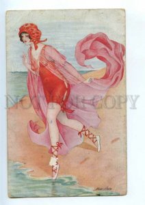 3150325 ART NOUVEAU Lady in Red Beach by SAGER vintage PC