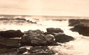 Postcard Real Photo 1921 Ocean Surf Breaks Over Rocks Maine RPPC