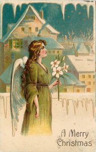Embossed Merry Christmas Postcard Angel Woman With Flowers  Under Icicles