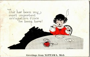Greetings from Nottawa MI Child Eating Soup c1931 Vintage Postcard U31