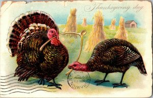 Tucks 123 Thanksgiving, Two Turkeys Pull on Wishbone c1908 Vintage Postcard F57