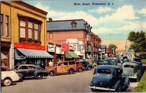 View of Main Street, Flemings Store, Kings Drugs, Wakefield RI Vtg Postcard I74