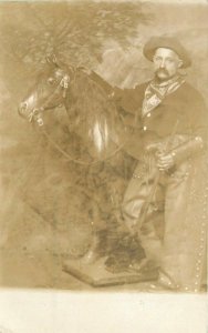 C-1910 Photo Studio Cowboy Costume Prop Horse RPPC Photo Postcard 21-4393