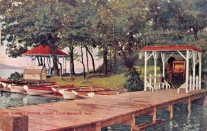 LAKE GENEVA WISCONSIN~SUNDAY SCHOOL CAMP-PIER-BOATS~1913 BURLINGTON PMK POSTCARD